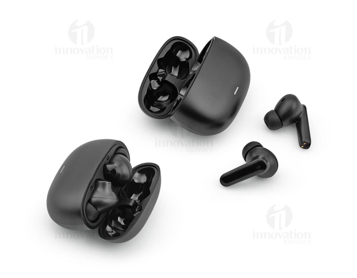 Fone de ouvido wireless na cor preta com design moderno e elegante.