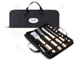 BBQ Set 9 Pieces on a white background, consisting of knife, fork, tongs, spatula, cleaning brush, cutting board, salt