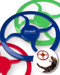 Frisbee para Pet de borracha azul e verde, com design circular e textura antiderrapante.