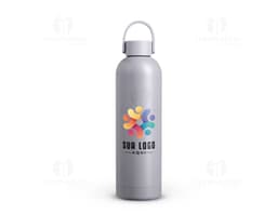 Garrafa Térmica 750ml em aço inoxidável na cor prata, com tampa rosqueável e alça para transporte.