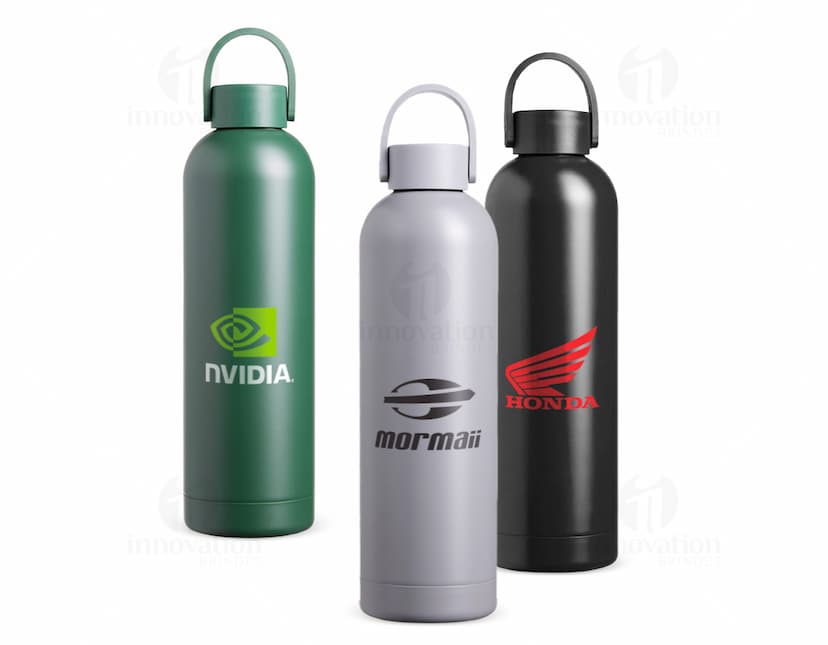 Garrafa Térmica 750ml em aço inoxidável na cor prata, com tampa rosqueável e alça para transporte.