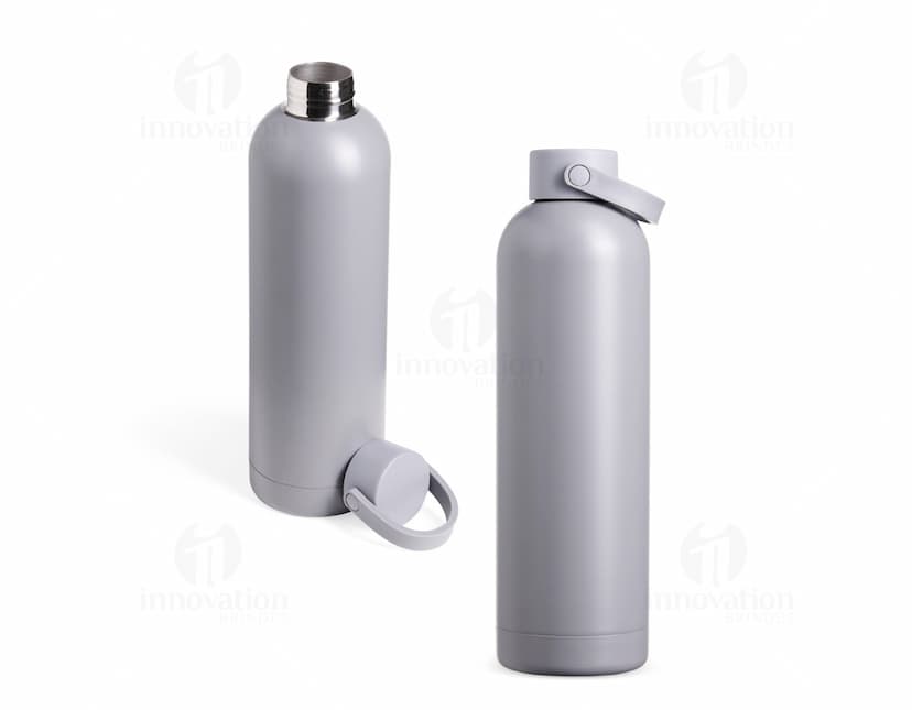 Garrafa Térmica 750ml em aço inoxidável na cor prata, com tampa rosqueável e alça para transporte.