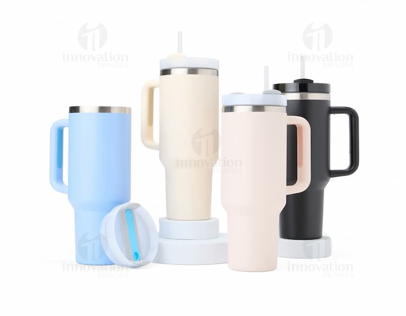 Uma imagem de uma Caneca Térmica de 1,2 litros, com design moderno e tampa de rosca. A caneca é de cor prata e parece ser feita de aço inoxidável.