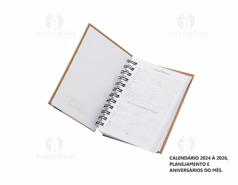 Agenda Diária 2025 com capa dura de cor azul escuro e detalhes em dourado, folhas internas brancas com espaços para notas e planejamento diário.
