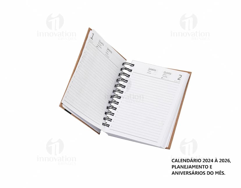 Agenda Diária 2025 com capa dura de cor azul escuro e detalhes em dourado, folhas internas brancas com espaços para notas e planejamento diário.