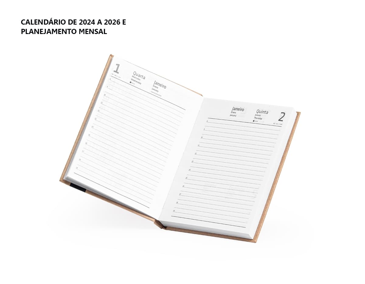 Agenda Diária 2025 com capa em couro marrom e gravura de uma árvore em dourado. Páginas internas brancas com datas e horários para organização do dia-a-dia.