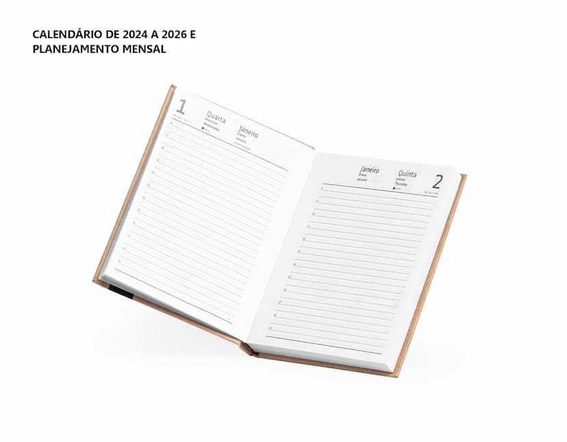 Agenda Diária 2025 com capa em couro marrom e gravura de uma árvore em dourado. Páginas internas brancas com datas e horários para organização do dia-a-dia.