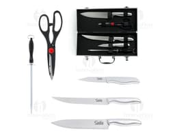 Kit Churrasco 5 Peças: conjunto contendo faca, garfo, espátula, pinça e escova, em fundo branco.
