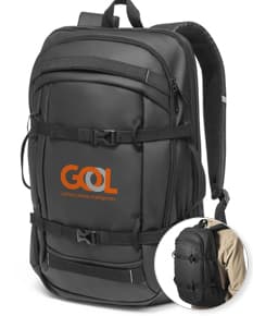 Mochila preta para notebook, com alças ajustáveis e bolso frontal com zíper.