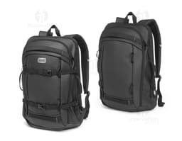 Mochila preta para notebook, com alças ajustáveis e bolso frontal com zíper.