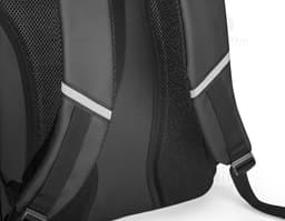 Mochila preta para notebook, com alças ajustáveis e bolso frontal com zíper.