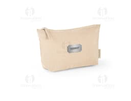 Borsa in cotone di colore beige, con manici corti e dettagli marroni. Presenta una tasca frontale con zip e una delicata
