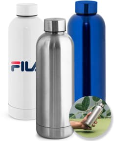 Squeeze em aço inox com tampa rosqueável e design elegante.