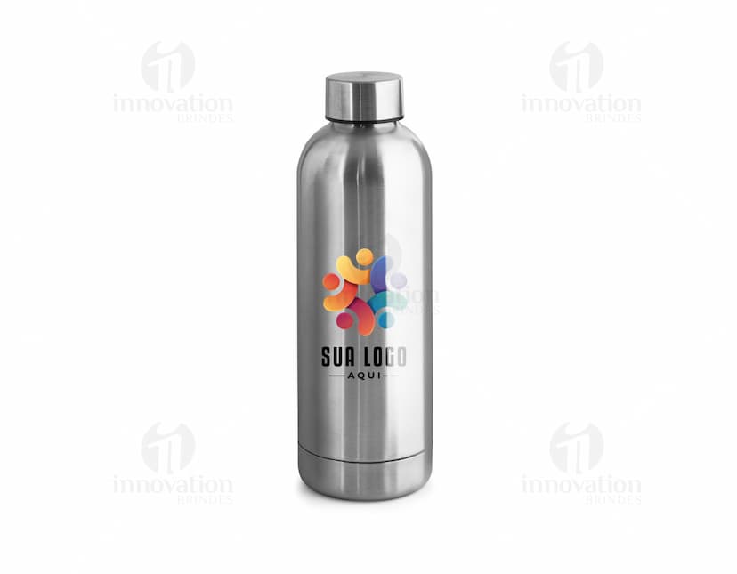 Squeeze em aço inox com tampa rosqueável e design elegante.