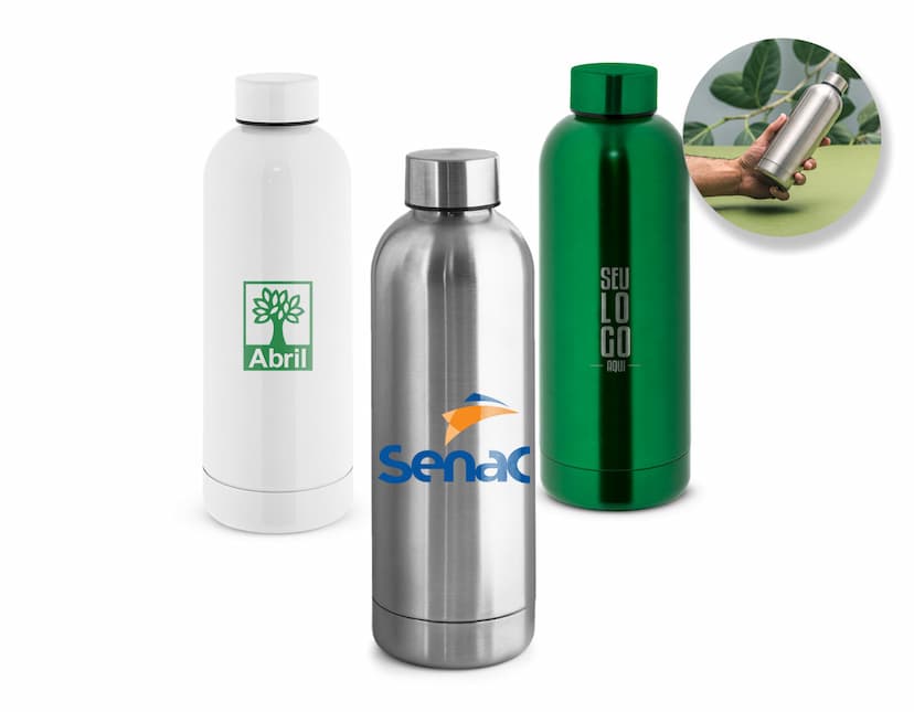 Squeeze em aço inox com tampa rosqueável e design elegante.