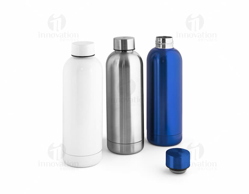 Squeeze em aço inox com tampa rosqueável e design elegante.