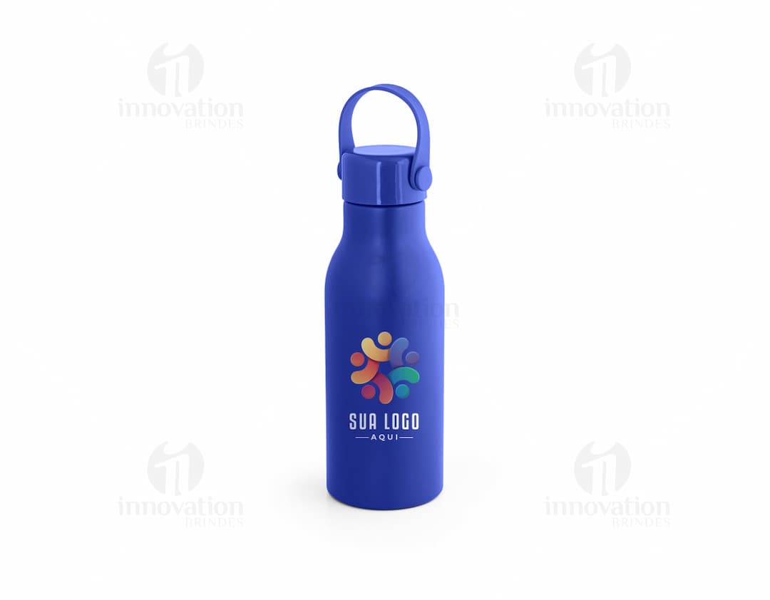 Squeeze em alumínio de cor prata, com tampa rosqueável e design moderno.