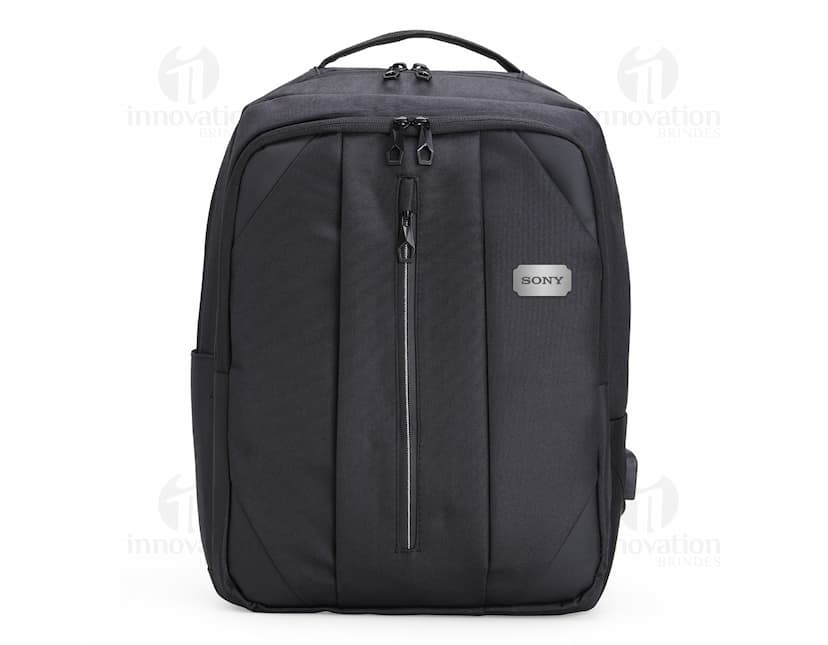 Mochila de Nylon 27 Litros preta, moderna, com alça de couro, zíper metálico, design elegante e espaçosa para viagens e negócios.
