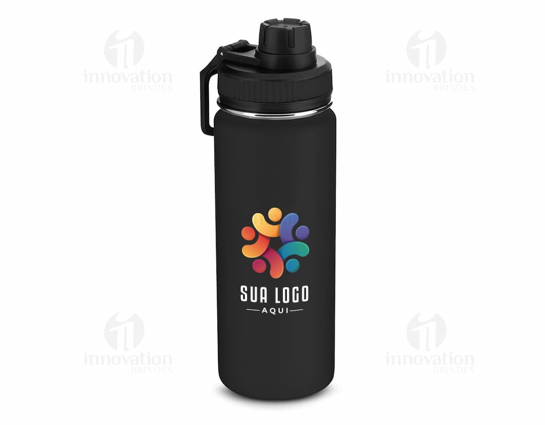 Garrafa térmica inox de 570ml, na cor prata, com tampa rosqueável e alça para transporte.
