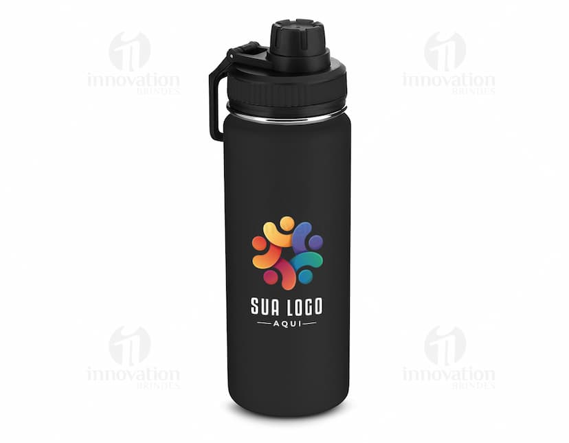 Garrafa térmica inox de 570ml, na cor prata, com tampa rosqueável e alça para transporte.