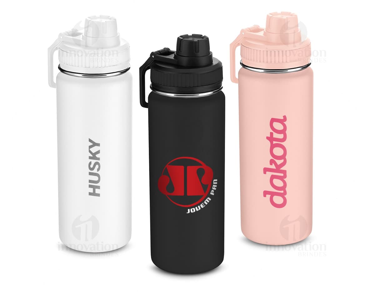 Garrafa térmica inox de 570ml, na cor prata, com tampa rosqueável e alça para transporte.