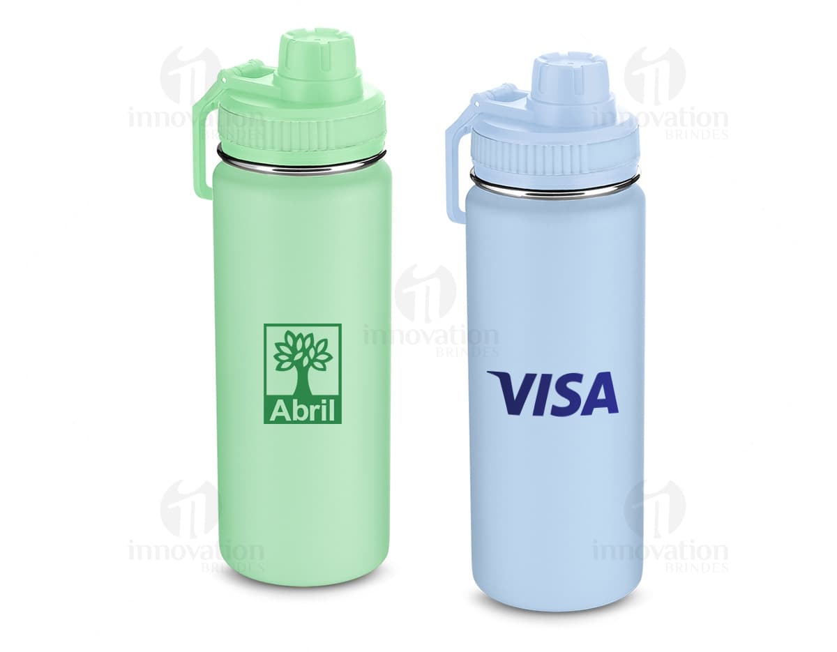 Garrafa térmica inox de 570ml, na cor prata, com tampa rosqueável e alça para transporte.