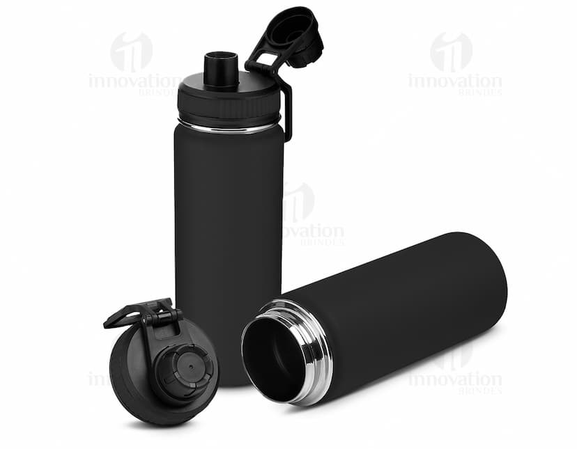 Garrafa térmica inox de 570ml, na cor prata, com tampa rosqueável e alça para transporte.