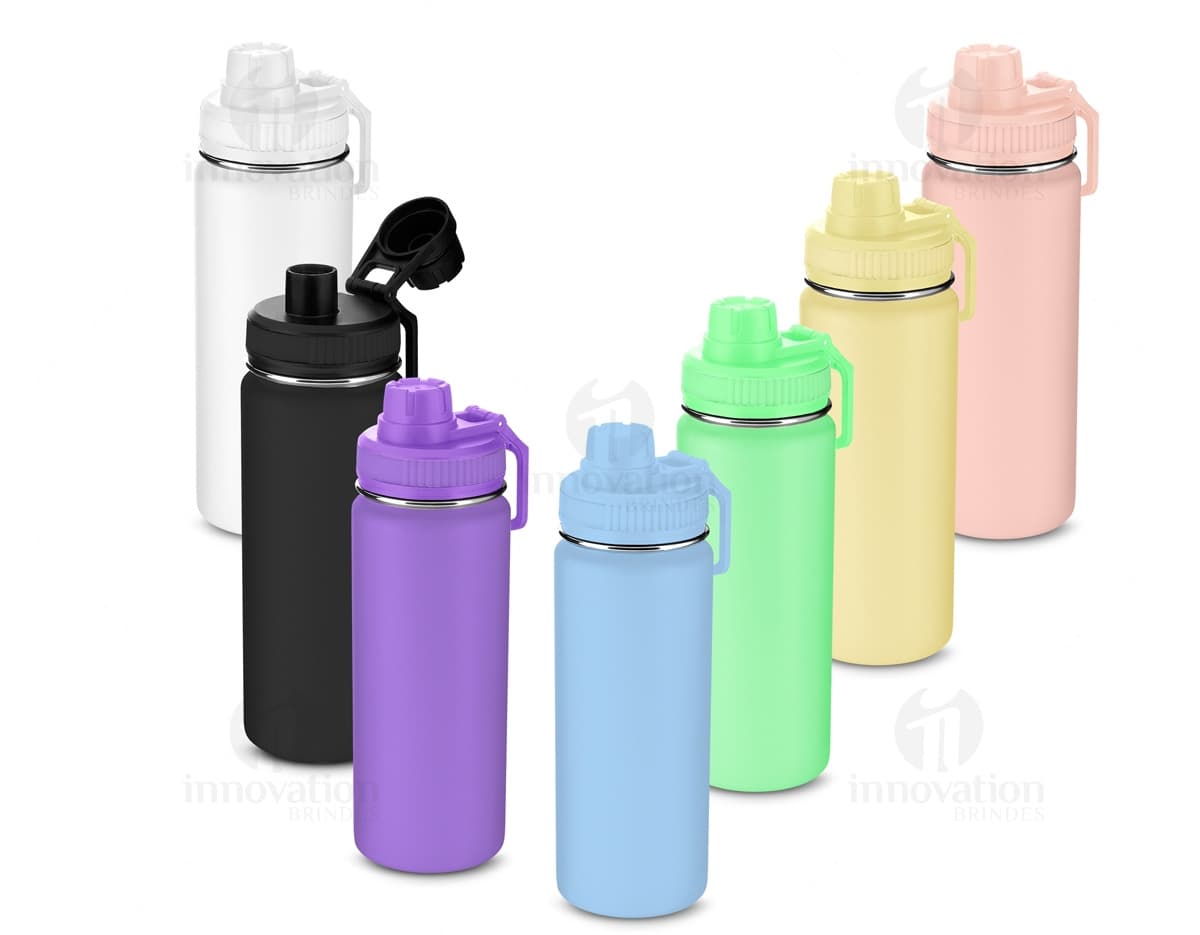 Garrafa térmica inox de 570ml, na cor prata, com tampa rosqueável e alça para transporte.