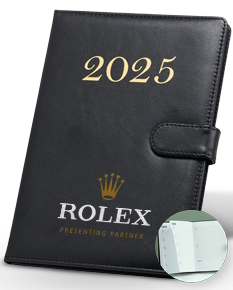 Agenda Semanal 2025 com capa de couro preto e páginas em branco para anotações diárias.