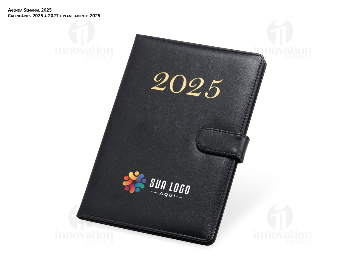 Agenda Semanal 2025 com capa de couro preto e páginas em branco para anotações diárias.