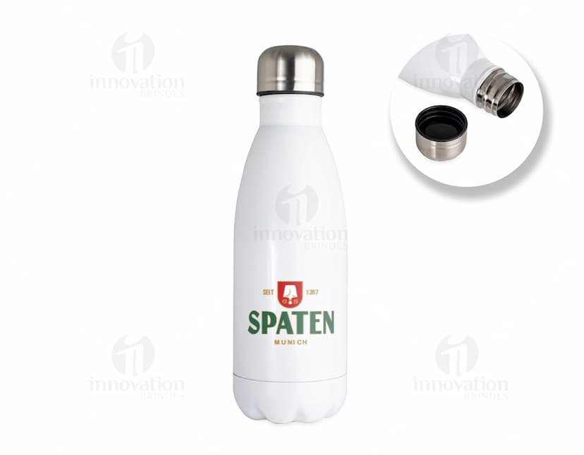 Garrafa Inox 650ml em fundo branco com tampa de rosca e design moderno.
