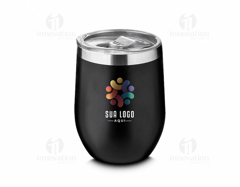 Copo térmico de 350ml na cor branca, com tampa de rosca e design moderno.