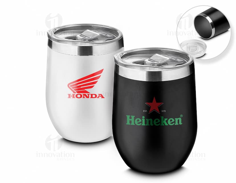Copo térmico de 350ml na cor branca, com tampa de rosca e design moderno.