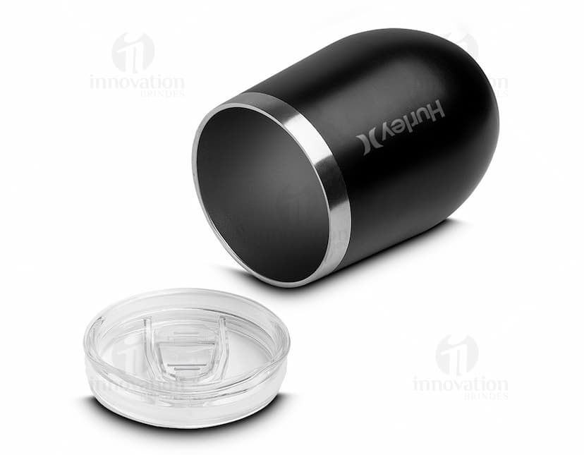 Copo térmico de 350ml na cor branca, com tampa de rosca e design moderno.