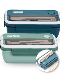 Marmita Hermética de 1 litro, feita de plástico transparente, com tampa hermética e vedação resistente.