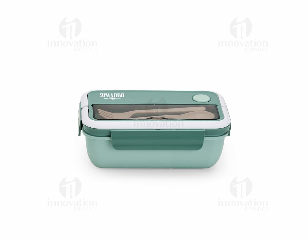 Marmita Hermética de 1 litro, feita de plástico transparente, com tampa hermética e vedação resistente.