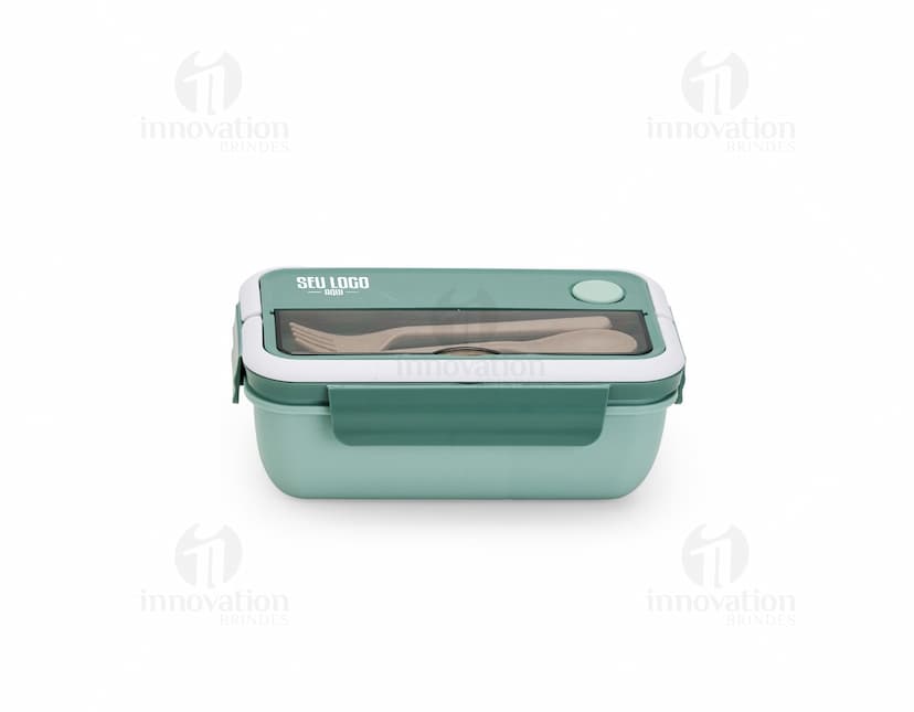 Marmita Hermética de 1 litro, feita de plástico transparente, com tampa hermética e vedação resistente.