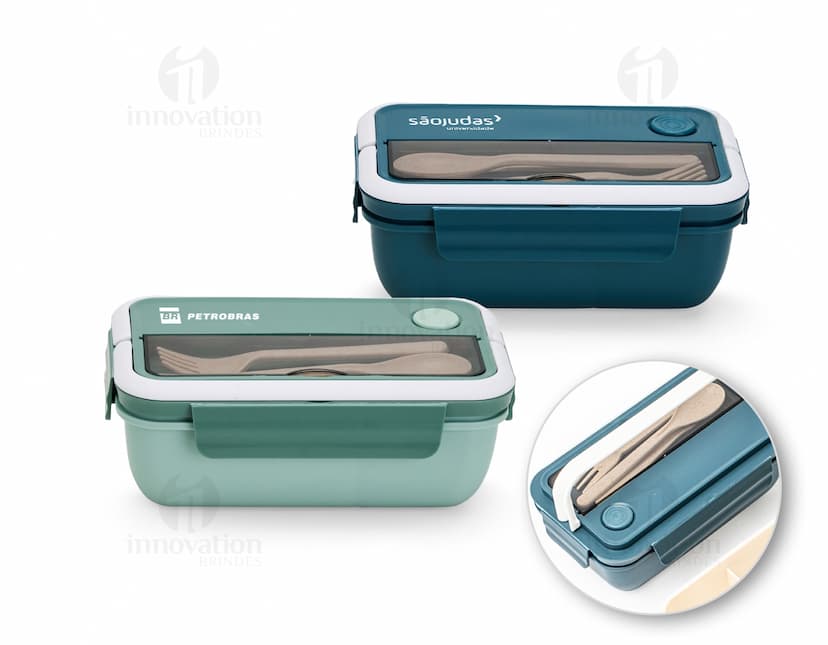Marmita Hermética de 1 litro, feita de plástico transparente, com tampa hermética e vedação resistente.