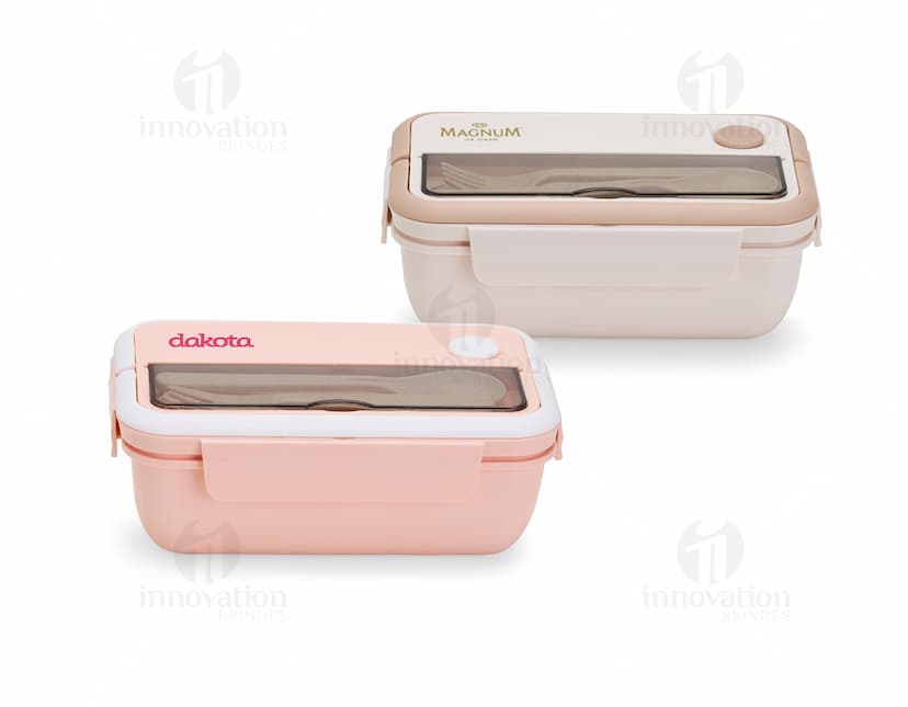 Marmita Hermética de 1 litro, feita de plástico transparente, com tampa hermética e vedação resistente.