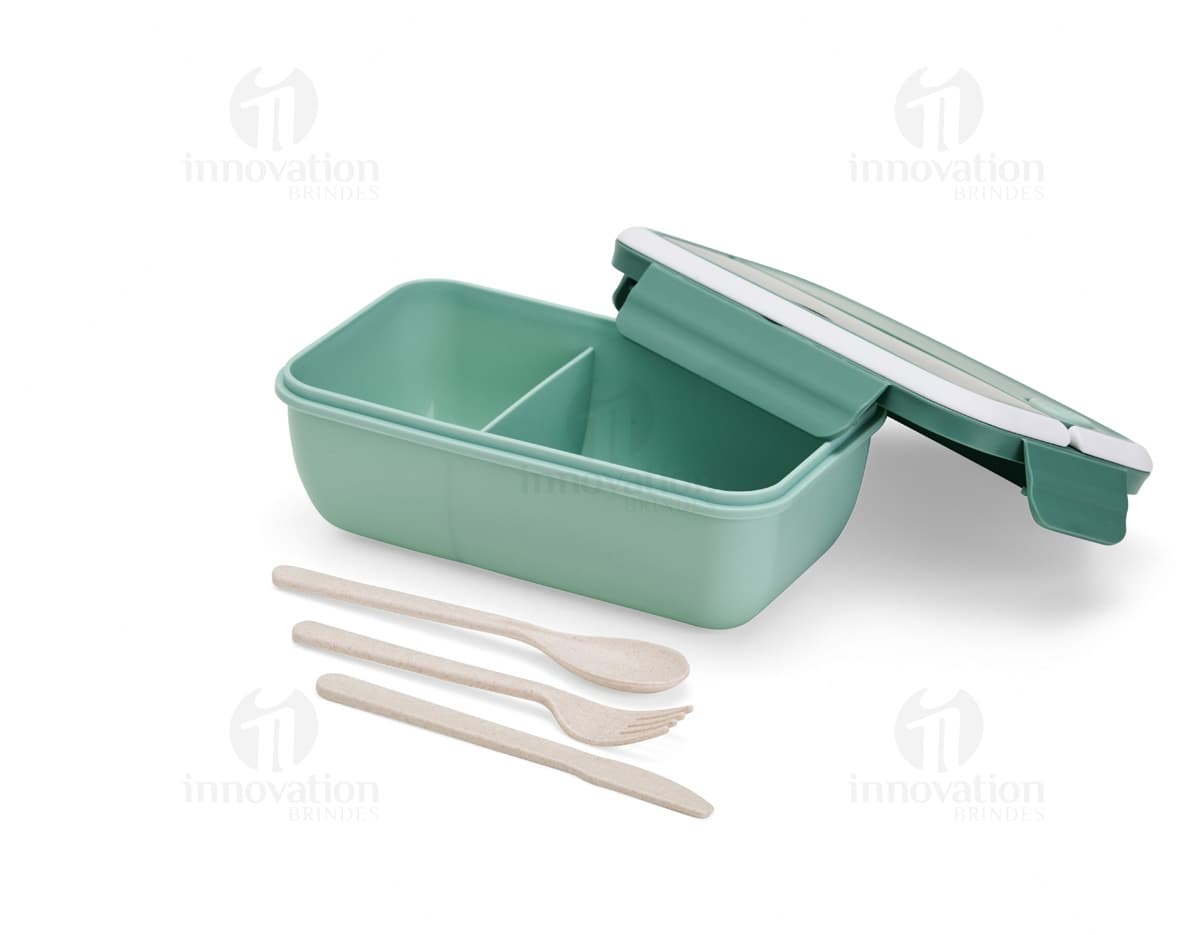 Marmita Hermética de 1 litro, feita de plástico transparente, com tampa hermética e vedação resistente.