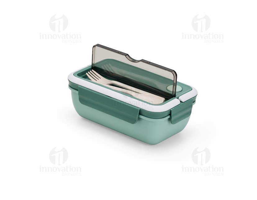 Marmita Hermética de 1 litro, feita de plástico transparente, com tampa hermética e vedação resistente.