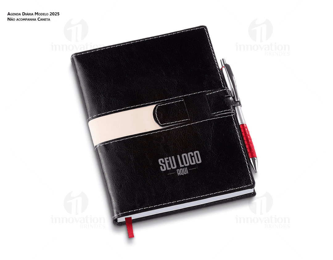Agenda Executiva Diária em couro preto e com gravação do logo da empresa na capa.