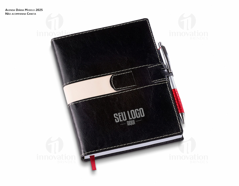 Agenda Executiva Diária em couro preto e com gravação do logo da empresa na capa.