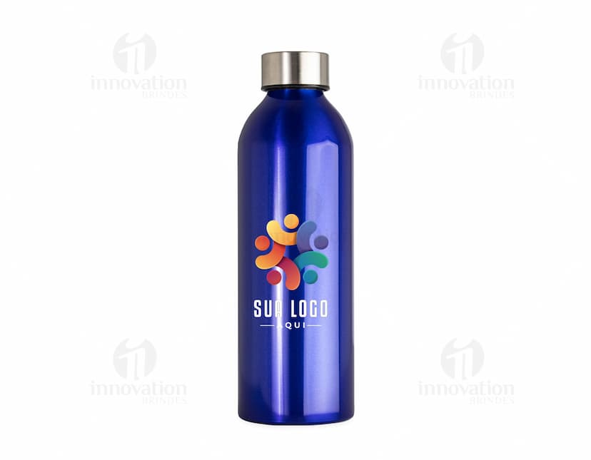 Garrafa de alumínio 800ml na cor prata, com tampa de rosca e design moderno.