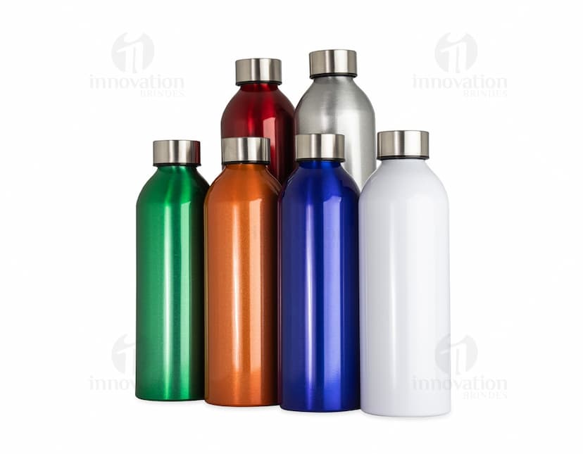 Garrafa de alumínio 800ml na cor prata, com tampa de rosca e design moderno.