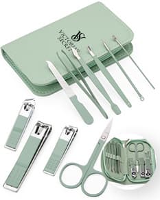 Kit Manicure 10 Peças: Conjunto contendo diversas ferramentas e utensílios para cuidados com as unhas, como tesoura, cortador de unha, empurrador de cutícula, entre outros itens.