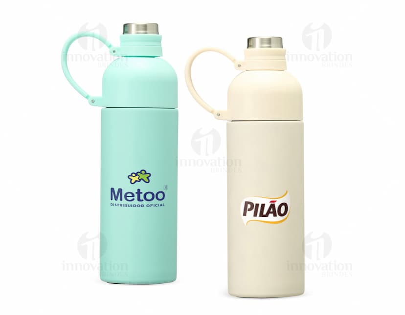 Garrafa Térmica 460ml na cor verde limão, com tampa de rosquear e alça para transporte.