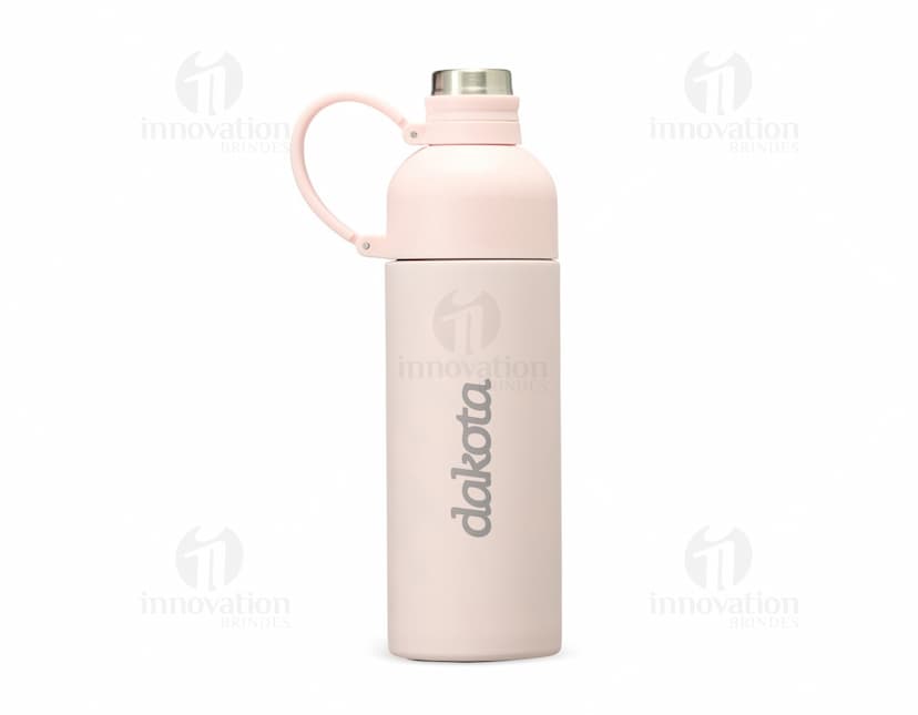 Garrafa Térmica 460ml na cor verde limão, com tampa de rosquear e alça para transporte.