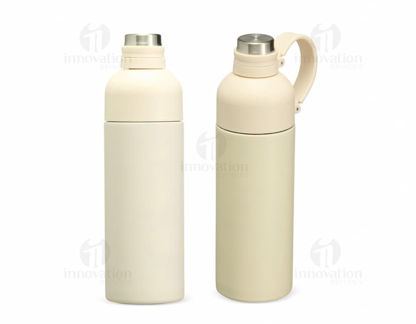 Garrafa Térmica 460ml na cor verde limão, com tampa de rosquear e alça para transporte.