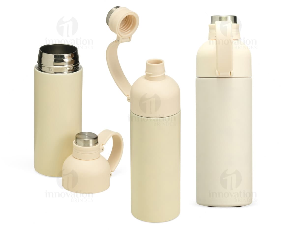 Garrafa Térmica 460ml na cor verde limão, com tampa de rosquear e alça para transporte.